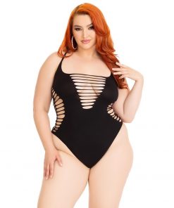 Leg Avenue Shredded Thong Bodysuit Black Plus Size